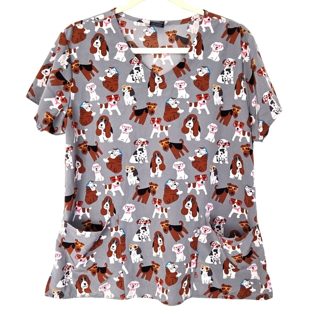 Kawaii Whimsical Dog Lover Puppies with Glasses Comfy Chic Cottagecore Scrubs L